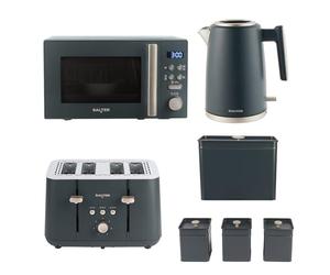Salter Marino 4-Piece Kitchen Set - 1.7L Fast Boil Kettle, 4 Slice Toaster, 20L Digital Microwave & Bread Bin with 3 Storage Canisters, Blue Grey Countertop Set