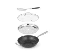 Salter Megastone 28 cm Multifunction Pan - Non-Stick Frying, Tempered Glass Lid, Sauté, Fry, Oven/Dishwasher Safe Skillet, Stainless Steel Steamer, Spatula, Induction Suitable, 3.65 L Capacity, Grey