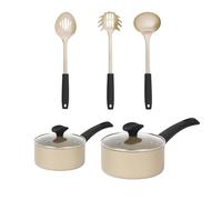 Salter Olympus 5-Piece Kitchen Cookware Set - 16 & 20cm Saucepans & Stainless-Steel Utensils, Spaghetti Spoon, Slotted Spoon & Ladle, Non-Stick, Induction Safe, Hanging Holes, Gold/Black
