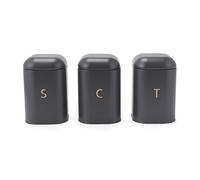 Salter Pebble Tea Coffee Sugar Canister Set - Countertop Storage Tins, Kitchen Worktop Containers for Dry Goods, Carbon Steel Labelled Canisters, Powder Coated Caddies, Charcoal Grey/Brass BW13729EU7