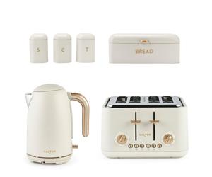 Salter Pebble Kettle, Toaster & Countertop Set - 1.7L Fast Boil Electric Kettle, 4-Slice Toaster, Tea, Coffee & Sugar Canisters and Large Bread Bin, Dry Goods, Carbon Steel, Stone, COMBO-9520