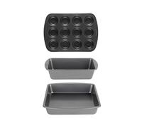 Salter Recycled 3-Piece Bakeware Set - Includes 27 cm Square Tin, 28 cm Loaf Pan & 12-Cup Muffin Tray, 100% Recycled Carbon Steel Bakeware, Non-Stick Easy-Clean Surface, Oven-Safe to 220°C