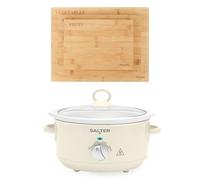 Salter Retro 3.5L Slow Cooker & Bamboo Chopping Board Set - 200W Cream Electric Cooker with 3 Heat Settings & Tempered Glass Lid, 3-Piece Cutting Boards for Meat, Fruit & Vegetables