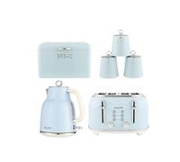 Salter Retro Blue Kettle & 4-Slice Toaster Set with 4-Piece Canister & Bread Bin - 1.7L Rapid Boil, Wide Slots, 6 Browning Levels, Vintage Design, Durable Steel Storage, Kitchen Organisation
