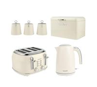 Salter Retro Cream 4-Piece Kitchen Set - 1.7L 3kW Kettle, 1630W 4-Slice Toaster, Bread Bin & Tea Coffee Sugar Canisters, Vintage Style, Practical & Stylish