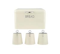 Salter Retro Cream Bread Bin & Canisters - 4-Piece Countertop Set, Dried Goods, Tea, Coffee & Sugar Canisters, Dry Food Storage Containers, Pastries, Rolls, Bagels, Durable Steel, Embossed Lettering