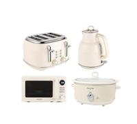 Salter Retro Cream Kitchen Set - 1.7L 3kW Kettle, 4-Slice Toaster with 6 Browning Levels, 20L Digital Microwave Oven with 25.5 cm Glass Turntable, Slow Cooker with 3 Heat Settings & Tempered Glass Lid