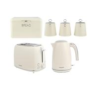 Salter Retro Cream Kitchen Set - 1.7L Kettle, 2-Slice Toaster, Bread Bin & Tea Coffee Sugar Canisters, Vintage Design, Rapid Boil, 6 Browning Levels, Durable Steel Storage, Kitchen Organisation
