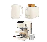 Salter Retro Espresso, Toaster and Kettle Set - 1.7L 3kW Kettle, 2-Slice Toaster & Espresso Machine with Milk Frother, 20-Bar Pressure Pump, Digital Display, Cream