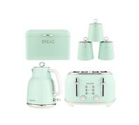 Salter Retro Green Kitchen Set - 4-Piece Canister Set, 1.7L Kettle & 4-Slice Toaster, Vintage Design, Bread Bin, Tea Coffee Sugar Storage, Rapid Boil, Wide Slots, 6 Browning Levels, 1630W