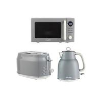 Salter Retro Grey Kettle, Toaster & Microwave Set - 1.7L Rapid Boil Kettle, 2-Slice Toaster, 6 Browning Levels, Safety Features, 20L Digital Microwave with 8 Auto Cook Presets, 25.5 cm Glass Turntable