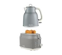 Salter Retro Grey Kettle & Toaster Set - 1.7L 3KW Rapid Boil Cordless Kettle with Boil Dry Protection & Auto Shut-Off, 815W 2-Slice Wide Slot Toaster with 6 Browning Levels & Defrost/Reheat/Cancel