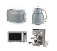 Salter Retro Grey Kitchen Set - 1.7L 3kW Kettle, 2-Slice Toaster, 20L Digital Microwave Oven with 25.5 cm Glass Turntable, Espresso Machine with Milk Frother, 20-Bar Pressure Pump, Single/Double Shot