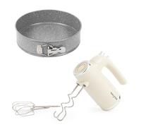 Salter Retro Hand Mixer & Marblestone Cake Tin - 400W Cream Electric Whisk with 5 Speeds + Turbo, XL Chrome Beater & Dough Hook, 24cm Non-Stick Springform Baking Pan, PFOA-Free Carbon Steel