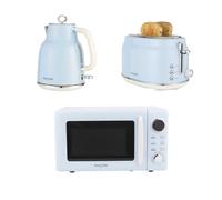 Salter Retro Kettle, 2-Slice Toaster & Microwave Set, Blue | Coordinated retro kitchen appliances including rapid boil kettle, 2-slice toaster and 20L digital microwave