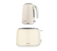 Salter Retro Kettle & 2-Slice Toaster Set - 1.7L 3kW Jug Kettle with 360° Base & 815W Toaster with Wide Slots, Plastic, 6 Browning Levels, Removable Crumb Tray, Cream