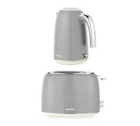 Salter Retro Kettle & 2-Slice Toaster Set - 1.7L 3kW Jug Kettle with 360° Base, Water Level Window, 815W Wide Slot Toaster, Plastic, 6 Browning Levels, Removable Crumb Tray, Grey