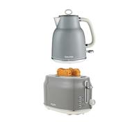 Salter Retro Grey Kettle & Toaster Set - 1.7L 3KW Rapid Boil Cordless Kettle with Boil Dry Protection & Auto Shut-Off, 815W 2-Slice Wide Slot Toaster with 6 Browning Levels & Defrost/Reheat/Cancel