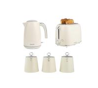 Salter Retro Kettle, Toaster & Canister Set - 1.7L Fast Boil 3 kW Kettle, 2-Slice Toaster with 6 Browning Levels, Tea, Coffee & Sugar Canisters with Embossed Lettering, Countertop Set, Cream