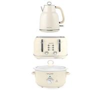 Salter Retro Kettle, Toaster & Slow Cooker Set - 4-Slice Toaster, 6 Browning Levels, 1.7L Rapid Boil Kettle, 3.5L Electric Slow Cooker, Dishwasher Safe Ceramic Pot, 3 Heat Settings, Cream, COMBO-9505