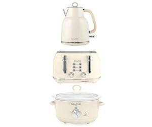 Salter Retro Kettle, Toaster & Slow Cooker Set - 4-Slice Toaster, 6 Browning Levels, 1.7L Rapid Boil Kettle, 3.5L Electric Slow Cooker, Dishwasher Safe Ceramic Pot, 3 Heat Settings, Cream, COMBO-9505