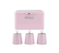 Salter Retro Pink Bread Bin & Canister Set - 4-Piece Countertop Set, Dried Goods, Tea, Coffee & Sugar Canisters, Dry Food Storage Containers, Pastries, Rolls, Bagels, Durable Steel, Embossed Lettering