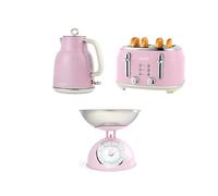 Salter Retro Pink Kettle, Toaster & Kitchen Scale Set - 1.7L Rapid Electric Water Boiler, 4-Slice Toasting, 6 Browning Levels, Mechanical Dial, 5kg Capacity, 1L Dishwasher Safe Bowl, Vintage Design