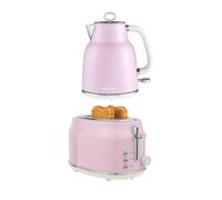 Salter Retro Pink Kettle & Toaster Set - 1.7L 3KW Rapid Boil Cordless Kettle with Boil Dry Protection & Auto Shut-Off, 815W 2-Slice Wide Slot Toaster with 6 Browning Levels & Defrost/Reheat/Cancel