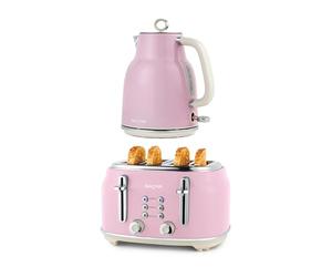 Salter Retro Pink Kettle & Toaster Set - 1.7L Fast Boil Kettle with Removable Limescale Filter, 4-Slice Wide Slot Toaster for Thick Bread/Bagels, Blue Indicator Lights, Vintage Design, 3kW/1630W
