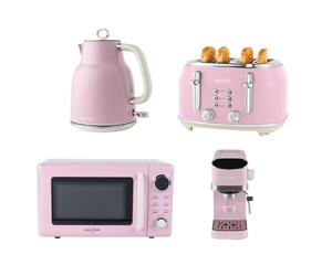 Salter Retro Pink Kitchen Set - 1.7L 3kW Kettle, 4-Slice Toaster, 20L Digital Microwave Oven with 25.5 cm Glass Turntable, Espresso Machine with Milk Frother, 20-Bar Pressure Pump, Single/Double Shot
