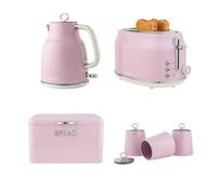 Salter Retro Pink Kitchen Set - 1.7L 3KW Rapid Boil Kettle, 2 Slice Toaster, Bread Bin & 3 Piece Canister Set, Tea Coffee Sugar Storage, Vintage Design, Embossed Steel