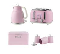 Salter Retro Pink Kitchen Set - 1.7L Kettle, 4 Slice Toaster, Bread Bin & 3 Piece Canister Set, Tea Coffee Sugar Storage, Vintage Design, Embossed Lettering