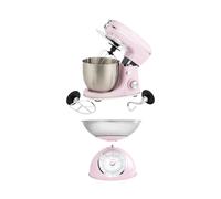 Salter Retro Pink Stand Mixer & Scale Set - 5L Electric Mixer with 8 Speeds & Pulse, Stainless Steel Removable Bowl, Includes Dough Hook, Wire Whisk, Beater, and 5kg Mechanical Kitchen Scale