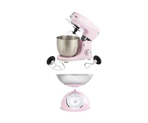 Salter Retro Pink Stand Mixer & Scale Set - 5L Electric Mixer with 8 Speeds & Pulse, Stainless Steel Removable Bowl, Includes Dough Hook, Wire Whisk, Beater, and 5kg Mechanical Kitchen Scale