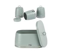 Salter Ripple Bread Bin and Canister Set, 9L, Sage | 4 Piece Set, 3 x 1L Tea Coffee Sugar Canisters, Airtight Lids, Matte Powder Coated Steel, Textured Ripple Design