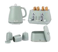 Salter Ripple Kitchen Set With Kettle, Toaster, Bread Bin, Canisters | Sage Green Textured Finish, 1.7L 3kW Kettle With 360 Swivel Base, 4 Slice Toaster With 6 Browning Levels, 9L Bread Bin