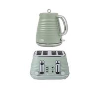 Salter Ripple Sage Toaster & Kettle Set - 4-Slice 1630W Toaster, 6 Browning Levels, Defrost/Reheat/Cancel, 1.7L Rapid Boil Kettle with Removable Limescale Filter, Auto Shut-Off, Textured Design