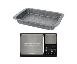 Salter Roasting Tray & Kitchen Scale Set - Megastone 36 cm Roaster with Non-Stick Coating, Carbon Steel, Heston Blumenthal Precision Digital Baking Scale with Dual Platforms, 10kg/200g, Tare Function