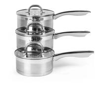 BW06734 3 Piece Stainless Steel Saucepan Set Flat Glass Lids With Steam Vents Lightweight 161820cm Cooking Pans Induction HobDishwasher Suitable Easy