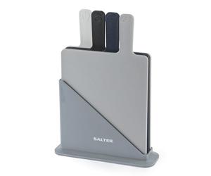 Salter Set of 4 Rectangular Chopping Boards - Charcuterie Boards with Non-Slip Stand, Index Style with Food Preparation Indicators, Dishwasher Safe, Grey, Navy, Black, White, 19 x 23 cm