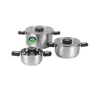 Salter Stack-in Stockpot Set, 3 Piece, 16/20/24 Cm | Stainless Steel Pots, Nesting Stackable Storage, Foldable Soft Touch Handles, Tempered Glass Lids, Steam Vents, All Hob Types