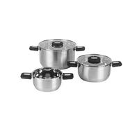 Salter Stackable 3-Piece Stockpot Set - 16/20/24 cm Stack-in Stainless Steel Cooking Pots, Nesting Design, Foldable Soft-Touch Handles, Induction Suitable, Tempered Glass Lids with Steam Vents