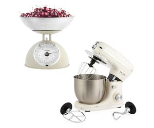 Salter Stand Mixer & Analogue Scale Set - 5kg Cream Mechanical Kitchen Scale with 2L Dishwasher Safe Bowl, 1300W 5L Electric Food Mixer with Dough Hook, Beater & Whisk, 8 Speed Settings, Retro Design