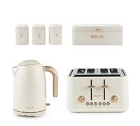 Salter Pebble Kettle, Toaster & Countertop Set - 1.7L Fast Boil Electric Kettle, 4-Slice Toaster, Tea, Coffee & Sugar Canisters and Large Bread Bin, Dry Goods, Carbon Steel, Stone, COMBO-9520