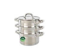 Salter Timeless 3 Tier Steamer - 18cm Stainless Steel Stackable Cooking Pots, Includes Handles & Tempered Glass Lid, Non-Stick, Vegetable Steaming P