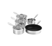 Salter BW06746 Timeless 5 Piece Pan Set - Induction Hob Cooking Pots, Stainless Steel Cookware, 16, 18, 20 cm Saucepans, Milk Pan and 24cm Frying Pan, Includes Tempered Glass Lids, Easy Grip Handles