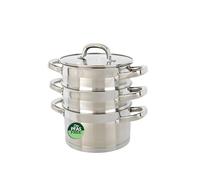 Salter Timeless 3 Tier Steamer - 18cm Stainless Steel Stackable Cooking Pots, Includes Handles & Tempered Glass Lid, Non-Stick, Vegetable Steaming Pans, Induction Hob Suitable, Dishwasher Safe