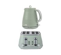 Salter Ripple Sage Toaster & Kettle Set - 4-Slice 1630W Toaster, 6 Browning Levels, Defrost/Reheat/Cancel, 1.7L Rapid Boil Kettle with Removable Limescale Filter, Auto Shut-Off, Textured Design