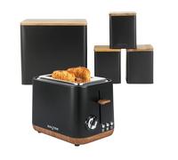 Salter Toronto 2-Slice Toaster & Countertop Set - 815W Toaster with 6 Browning Levels, Wide Slots & Crumb Tray, 4-Piece Storage Set with Bread Bin & Tea, Coffee & Sugar Canisters, Black & Wood Finish