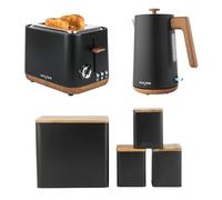 Salter Toronto 3-Piece Kitchen Set - 1.7L 3KW Rapid Boil Kettle, 815W 2-Slice Toaster & 4pc Countertop Set with Bread, Tea, Coffee & Sugar Canisters, Durable & Easy Clean, Matte Black/Wooden Accents